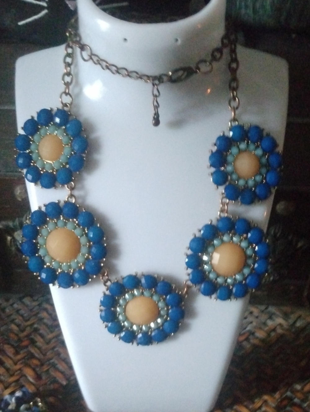 Statement Floral Cluster Necklace - Blue and Cream